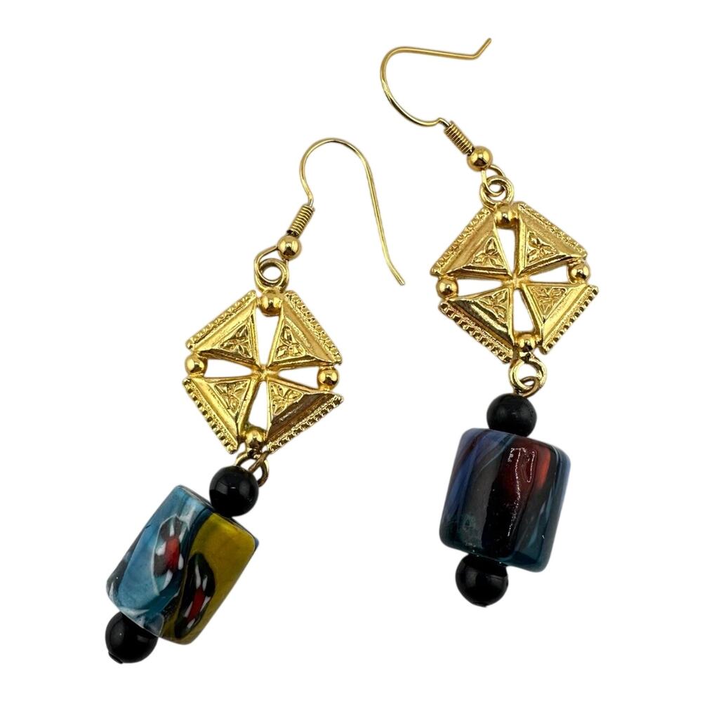 Millefiori Glass Barrel Multicolor Bead Gold Tone Statement 2” Earrings